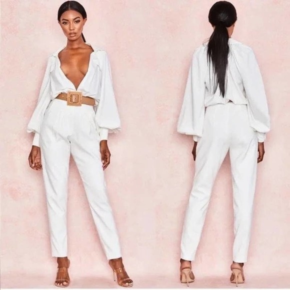 House of CB London Delilah Jumpsuit Long Sleeve V Neck White Size XS NWT